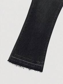 Jeans acampanados para hombres BAZR, pantalones vaqueros de ajuste slim, jeans de campana con parches, jeans apilados Y2K, jeans bordados desgastados, aptos para todas las estaciones - Negro - Ver 5