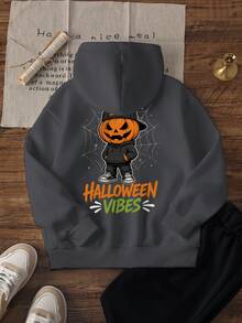 [Halloween] 1 Stück Jungen Dunkelgrau Kapuzenpullover HALLOWEEN VIBES Streetwear Cool Kürbiskopf Spinnennetz Halloween Locker Lässig Unisex Top - Dunkelgrau - Übersicht 4