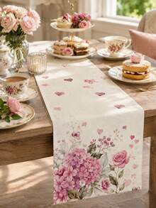 1pc Pink Hydrangea Rose Linen Table Runner, Romantic Floral Heart Print Rectangular Table Runner For Dining Table, Kitchen, Wedding, Bridal Shower, Valentine's Day, Anniversary, Spring Home Decor - Multicolor 4 - View 9