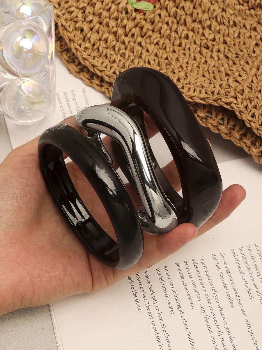 3件組復古藝術樹脂大理石紋女士手鐲,個性化幾何圓形樹脂手環 - 黑色 - 查看 1