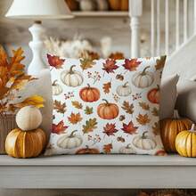 1pc Minimalist Autumn Pumpkin Maple Leaf Cushion Cover, Single-Sided Printed Peach Skin Velvet Polyester Material, 45*45CM/18*18inch Pillowcase Suitable For Room Decor, Modern Minimalist Sofa Living Room Decoration Gift - Multicolor - View 5