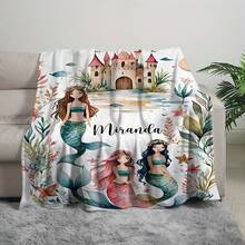 Customized Flannel Blanket, Printed With Exclusive Name, Numbered Mermaid Pattern And Pink Elements, Suitable For Bedroom, Living Room And Travel Scenes - Multi-Functional Practical Blanket - Multicolor - View 3