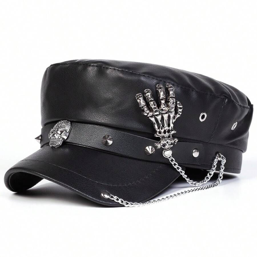 1pc Women's Metal Buckle Leather Cap - Black - View 1