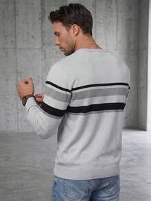GRDR 1pc Men's Autumn/Winter Casual Striped Knit Sweater - Grey - View 4