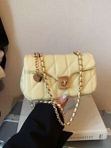 Fashion Solid Color Quilted Twist Lock Shoulder Bag - Yellow - View 6