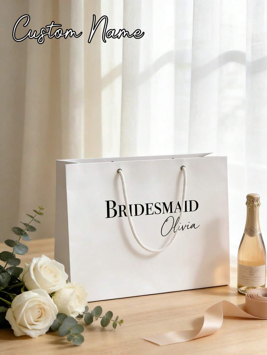 1PC Personalized Gift Bag With Ribbon, Customized Name Wedding Bridesmaid Gift Bag, Foldable Lightweight Tote Bag For Bridal Shower And Party Favors - Multicolor - View 1