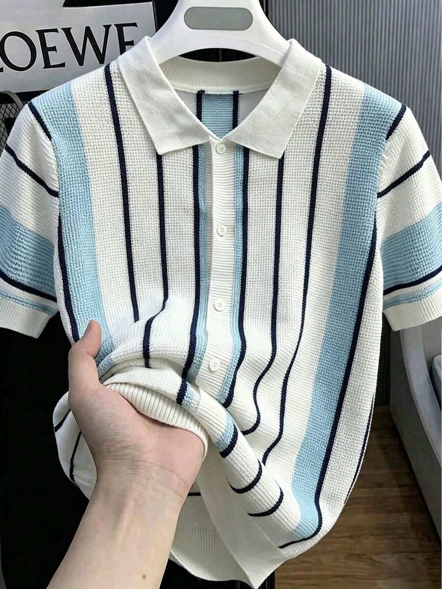 男士條紋針織 Polo 短袖開襟衫，修身版型老錢風，春秋百搭通勤上衣 - 彩色 - 查看 1