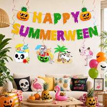 Summerween Decorations, Colorful Summerween Party Decor, Includes HappySummerween Banner And Hawaiian Style Ghost Hanging Swirls, Suitable For Tropical Beach Pool Halloween Party Supplies - Summer Halloween - C - View 6