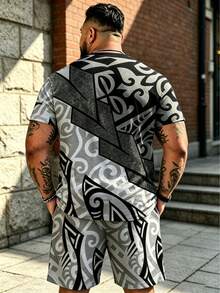 2pcs Plus Size Big & Tall Polynesian Totem Graphic Set | Geometric Lightning Patchwork American Street Hardcore Style Outfit Sports Summer - Multicolor - View 2