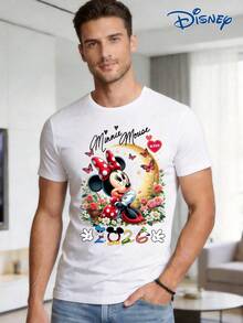 Disney 1件男士宽松可爱米妮卡通印花短袖T恤，圆领，弹力面料，适合日常穿着，易打理，时尚休闲男士T恤，短袖T恤 - 白色 - 查看 1