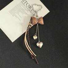 1pc Unisex Black Leather Bow Heart Tassel Keychain Silver Heart Clasp Bag Charm Purse Charm Keyring Back To School Daily - Multicolor - View 4