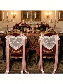 2pcs Lace Bride/Groom Or Married/Newlywed Chair Back Decoration Set, Elegant Transparent Lace Chair Covers With Ribbon, Suitable For Groom And Bride, Newlywed Chair Decor, Suitable For Wedding Ceremony Reception, Proposal Anniversary Party Decoration - View 11