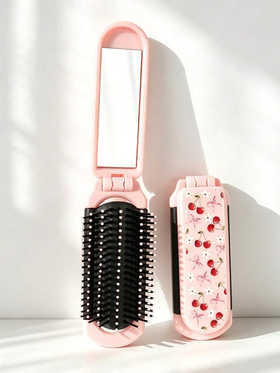 1pc/Mini Pocket Small Foldable Portable Soft Round Bead Air Cushion Anti-Static Detangling Hair Brush Pink ABS Plastic Integrated With High-Definition Makeup Mirror Portable Hair Comb Sweet Girl Y2K Style Pink Foldable Mirror Comb Pink Leopard Print Red Five-Star Cherry Bow Print Flip Cover Brush Soft Round Head Air Cushion Hair Care Detangling Brush Portable Makeup Hair Comb Daily School Travel All Seasons Portable Small Comb