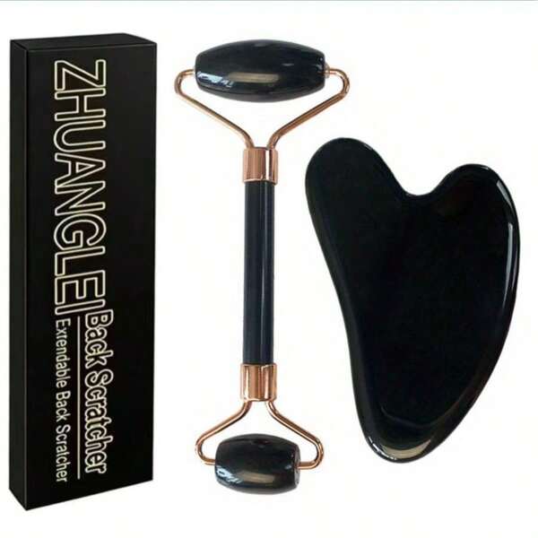 ZHUANGLEI Obsidian Facial Massage Roller Gua Sha Set With Gift Box, Natural Stone Beauty Massage Tool, Suitable For Face, Neck And Body Relaxation