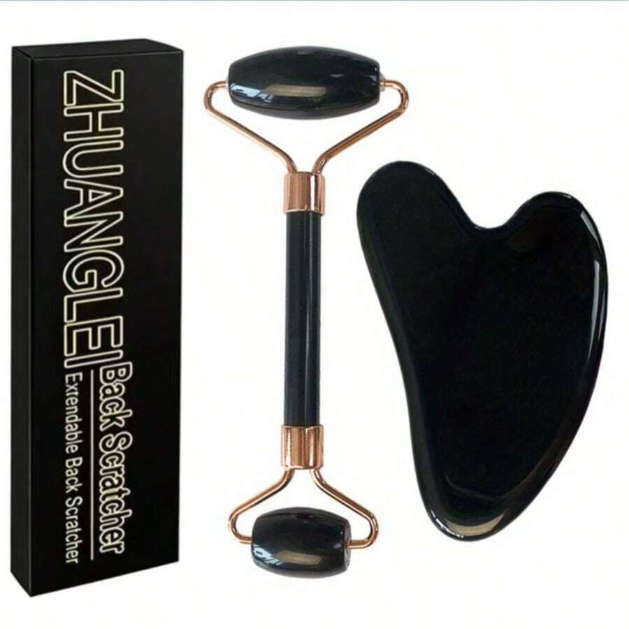 ZHUANGLEI Obsidian Facial Massage Roller Gua Sha Set With Gift Box, Natural Stone Beauty Massage Tool, Suitable For Face, Neck And Body Relaxation