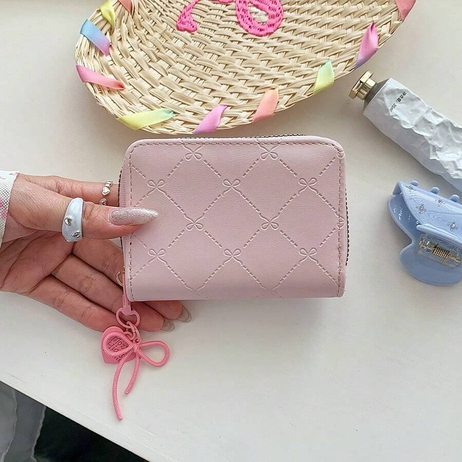 Pink Pendant Small Wallet For Women, Accordion Card Holder, Large Capacity, Versatile Minimalist Coin Purse, In Stock