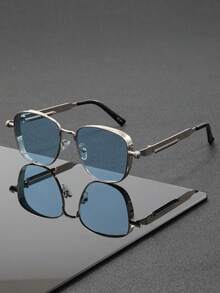 1 Pair Classic Square Frame Men's Sunglasses, Premium Quality For Daily Wear, Unique Design, Suitable For Travel, Camping, Commuting And Multiple Occasions - 1 Piece Silver Frame Blue Film - View 2
