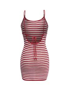 Women's Vacation Style Bohemian Red & White Striped Fitted Mini Dress, Sleeveless Spaghetti Strap Backless Sexy Short Tank Sun Dress Beach Summer - Multicolor - View 8