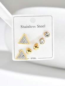 1 Set European & American Fashion Stainless Steel Micro-Inlaid Rhinestone Stud Earrings Set, Versatile For Women's Daily Wear - Multi-color a - View 5
