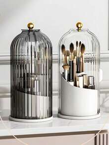 Multifunctional Rotating Storage Box With Sliding Cover Toothbrush Holder, 360° Rotating Storage Organizer, Dust-Proof Bathroom Vanity Storage Box, Multi-Compartment Storage For Toothbrushes, Toothpaste, Makeup Brushes And Other Items, Fashionable Storage Organizer, Fashionable Design With Transparent Door, Efficient Toothbrush Storage Rack, Perfect For Multiple Scenarios, Multi-Purpose Storage - Multicolor - View 4