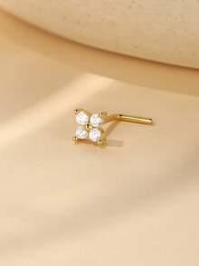 1pc 925 Sterling Silver Tiny Four-Leaf Clover CZ Zirconia Nose Stud, L-Shaped Hypoallergenic Nostril Piercing Jewelry, Unisex Minimalist Daily Wear Gift Accessory - Gold - View 3