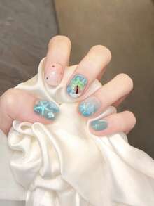 10Pcs Handmade Short Square Press On Nails Summer Ocean Beach Style Blue Gradient Cat Eye False Nails With 3D Starfish Seashell Coconut Tree Pearl Glitter Design Reusable Gel Nail Stickers For Vacation Daily Manicure - Multicolor - View 5