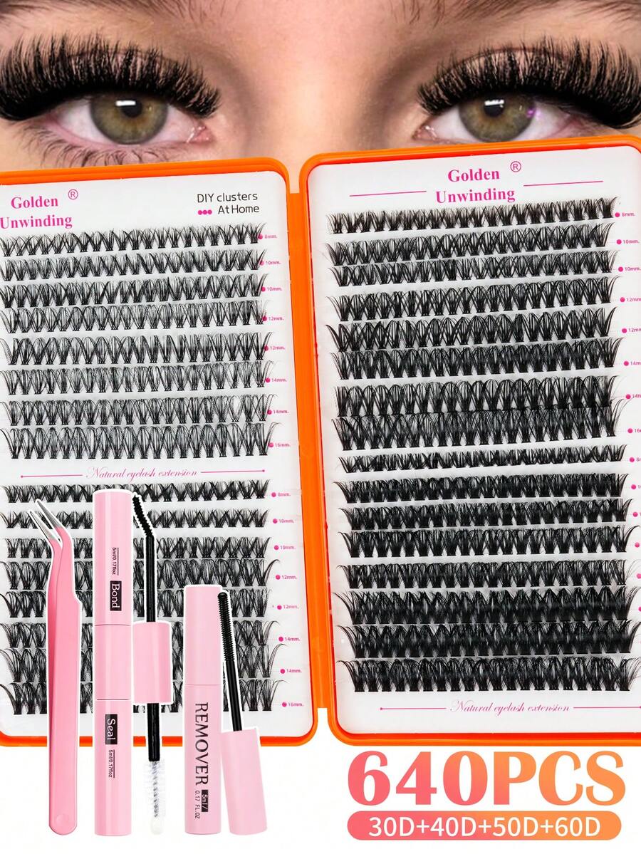 640 Clusters DIY Faux Mink Eyelash Clusters, D Curl, Dense And Fluffy, 8-16mm Mixed Length, Eye-Catching Effect Suitable For Various Makeup Looks. Glue, Remover, Tweezers Can Be Selected According To Needs. Lightweight, Reusable And Cost-Effective, Suitable For Beginners, Applicable To Multiple Occasions - 彩色 - 查看 1