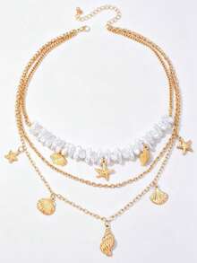 Layered Baroque Pearl Choker Necklace, Bohemian Ocean Series Starfish Shell Conch Pendant Necklaces, Women Summer Beach Vacation Jewelry Gift - Beige - View 6