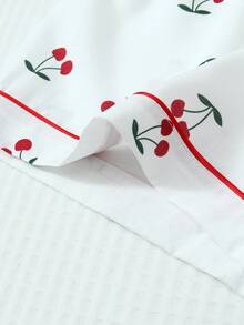 2 Pieces Set Comfortable Cherry Print Lapel Button Short Sleeve Top With Pocket And Bow Shorts, Spring/Summer Women's Pajamas Loungewear Set Suitable For Home Use - White - View 7