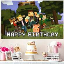 Authorized 1PC Popular Pixel Block Game Theme Birthday Party Decoration Backdrop (82.7x59.1/59.1x39.4/39.4x29.5 Inch), Suitable For Boys Girls Birthday Party Backdrop, Game Fan Theme Party, Children Newborn Cake Table Party Wall Decoration Banner, Outdoor Indoor Photography Photo Background Props - Multicolor - View 5