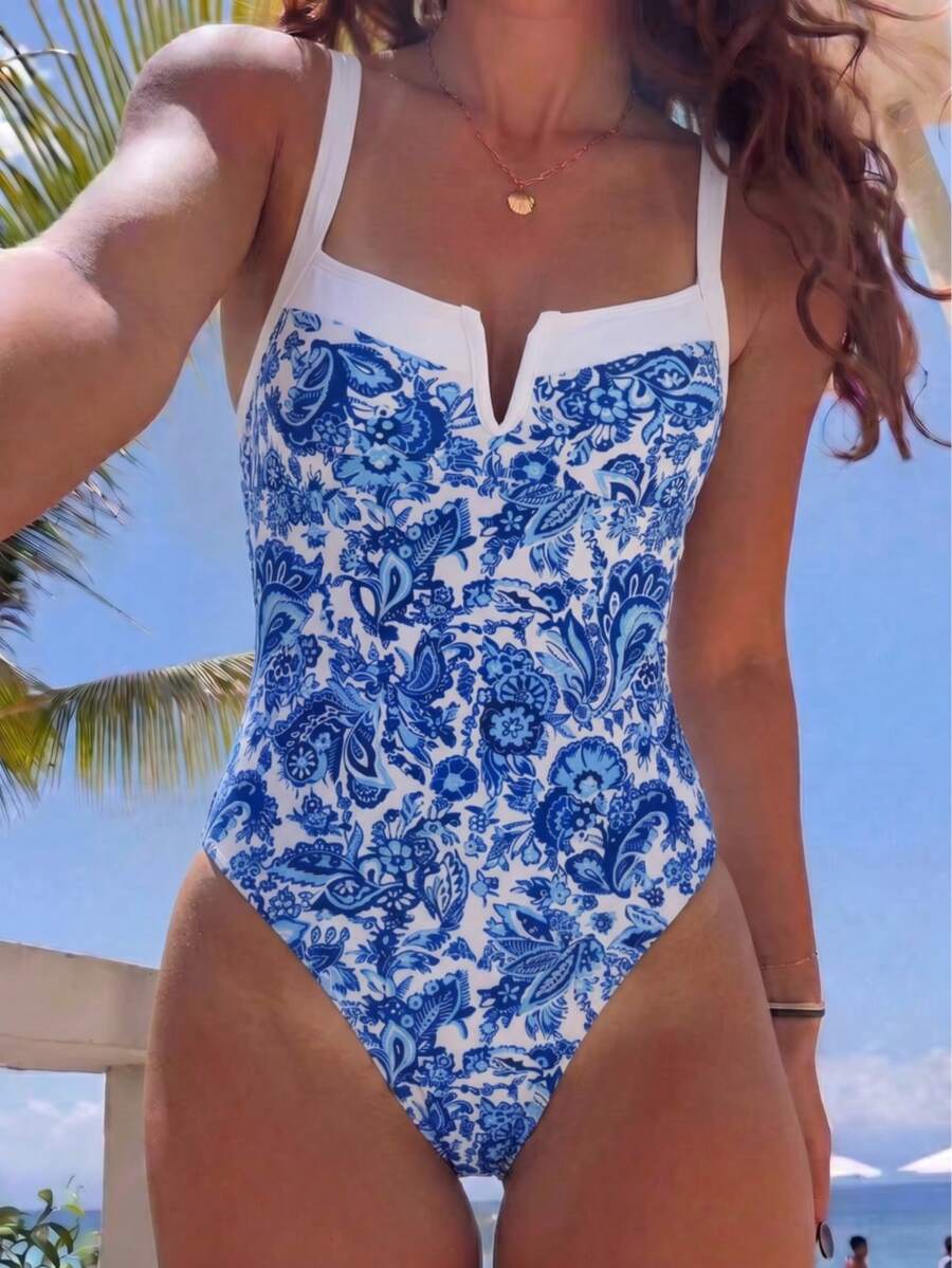 夏季純色性感比基尼連身泳衣，V領撞色海灘度假泳裝