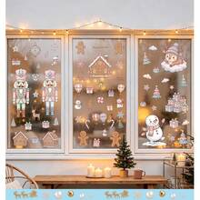 Juego de 9 calcomanías de ventana con temática navideña en color dorado que incluyen Papá Noel, muñecos de nieve, renos, copos de nieve, cascanueces, regalos y árboles de Navidad. Perfecto para escaparates de tiendas o puertas de vidrio para crear un ambiente festivo. ¡Feliz Navidad! - Ver 4