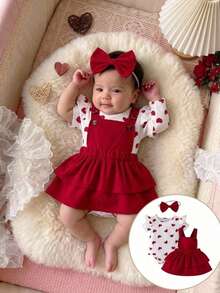 3er Set für Baby Mädchen im Prinzessinnen-Stil: Bodys mit Herz-Muster und Flügelärmel, mehrlagiger Tüllrock und Schleifenhaarband - Rot - Übersicht 1