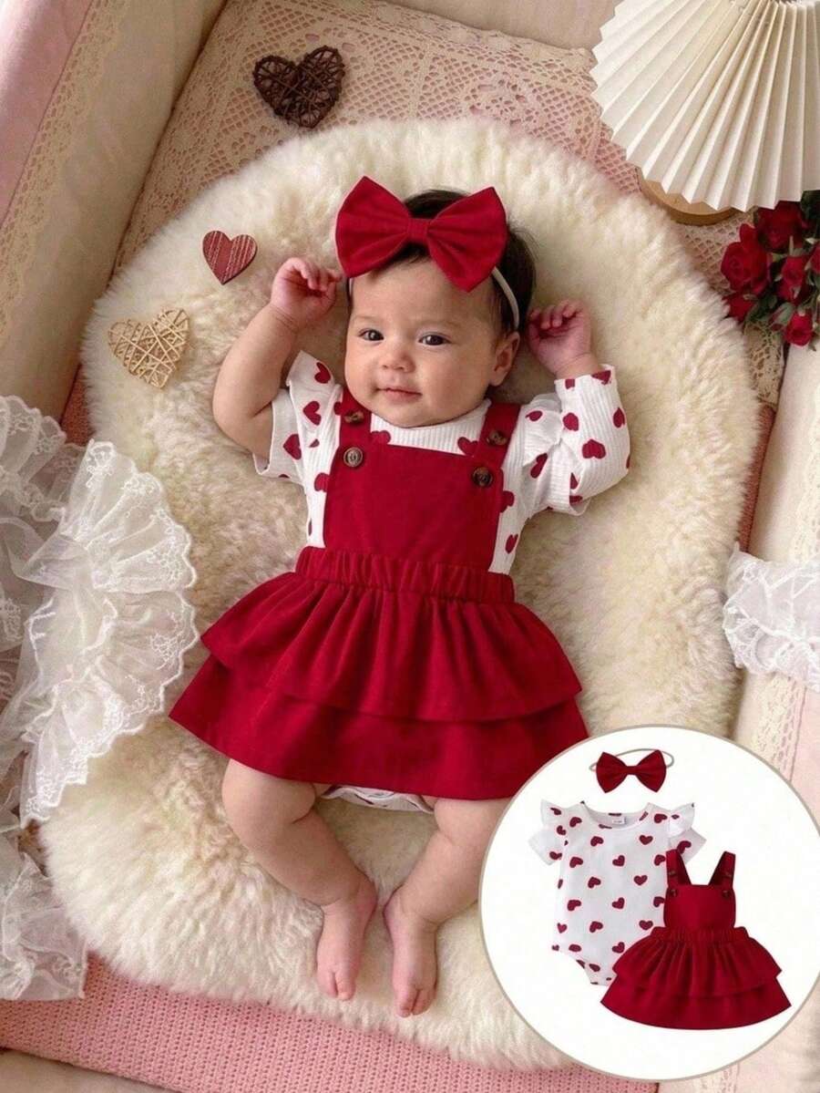 3er Set für Baby Mädchen im Prinzessinnen-Stil: Bodys mit Herz-Muster und Flügelärmel, mehrlagiger Tüllrock und Schleifenhaarband - Rot - Übersicht 1