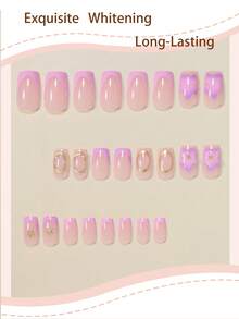 Add A Touch Of Romance 24片長方形穿戴式假指甲 3D凝膠紫色花卉金色幾何海星裝飾 法式全覆蓋美甲貼片 適合女性與女孩 夏季辦公日常佩戴 含1片果凍膠與1片迷你指甲锉 果凍膠隨機發貨 - 彩色 - 查看 2