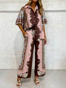 Women's Spring/Autumn Casual Fashion Full Print Bohemian Lapel Top And Allover Print Long Pants Elegant Daily 2-Piece Set Summer - Multicolor - View 4