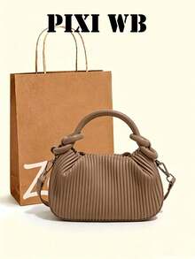 Fashion Solid Color Vertical Pleated Woven Mini Handbag, PU Material Knotted Handle, With Detachable Crossbody Strap, Minimalist Elegant Daily Shoulder Bag, Suitable For Career Women And Minimalist Enthusiasts, Perfect For Daily Commute, Coffee Dates, Weekend Shopping And City Leisure Walks. - Khaki - View 5