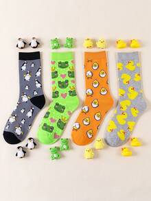 1/4 Pairs Unisex Fashionable Cute Animal Series Mid-Calf Socks With Frog, Duck, Penguin, Chicken Pattern Designs, Soft And Comfortable, Great Gift Choice, Couple Socks - Multicolor - View 4