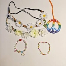 5pcs Hippie Accessories Set, Including Peace Sign Beaded Bracelet, Necklace, Flower Crown Headpiece, Hippie Costume Props, Suitable For Women To Attend Parties, Can Be Used For Halloween Party Costume - Multicolor - View 4