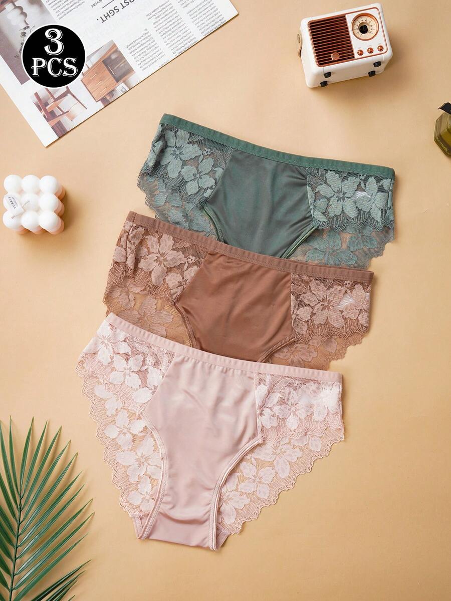 3 Peças/Pacote Calcinhas de Renda Femininas, Bordado Floral, Romântico & Confortável, Roupa Íntima Invisível, Adequado para Todas as Estações
