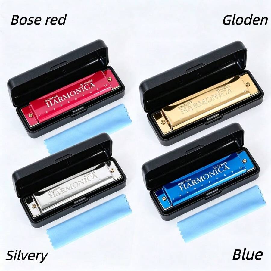 10-Hole Colorful Metal Harmonica, 10-Tone Beginner Musical Instrument For Men And Women Self-Study, 10-Hole C-Key Professional Blues Harmonica, Includes Harmonica Case, Cleaning Cloth And Instruction Manual, Suitable For Beginners, Adults And Professionals, Eid Joyful Gift