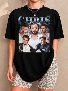 Black Oversized Chris Evans Bootleg Vintage Tee, Five Captain Americaa Portraits Collage, Lightning Background, MMarvel Movie Merch. - Black - View 1