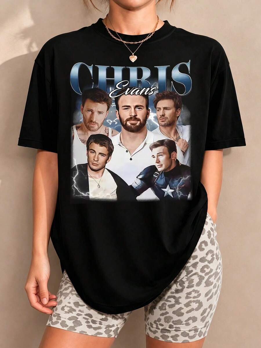 Black Oversized Chris Evans Bootleg Vintage Tee, Five Captain Americaa Portraits Collage, Lightning Background, MMarvel Movie Merch. - Black - View 1