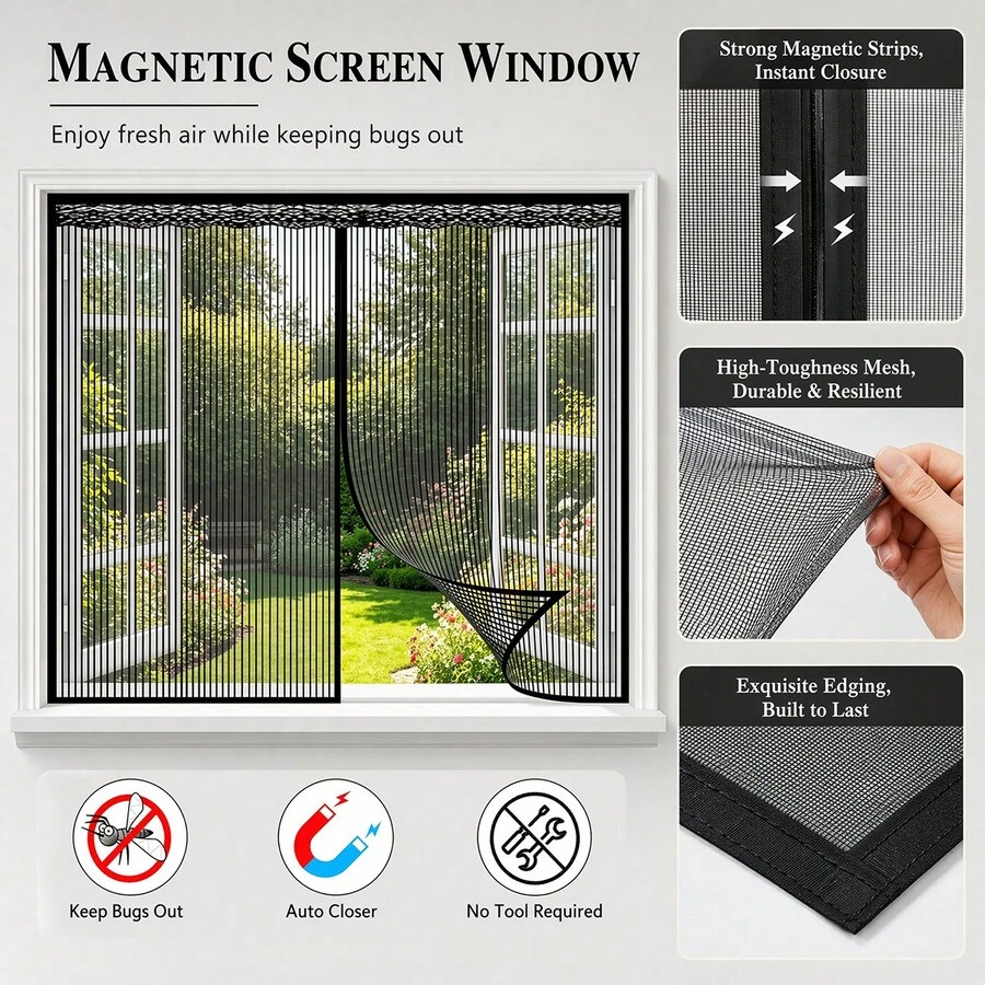 Magnetic Mosquito Screen, Window Mosquito Net, Dense Polyester Fiber Mesh, Magnetic Closure Screen Door/Window To Prevent Mosquitoes And Flies From Entering, With Hook & Loop & Thumbtacks - Black - Black - View 1