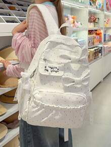 時尚波點蝴蝶結後背包，防水大容量學生書包，內建雙層 3D 蝴蝶結，口袋採抓皺邊設計，精緻刺繡英文細節，防水防污面料，多隔層收納教科書、文具、筆記本、水壺，適合學校、補習、日常通勤、短途旅行，開學季適用 - 彩色 - 查看 3