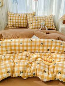 4PCS Yellow Plaid Cherry Bow Pattern Duvet Cover Set, Breathable For Spring/Summer, Includes 1 Duvet Cover, 1 Bed Sheet, 2 Pillowcases, Duvet Insert And Pillow Insert Not Included, Pillowcase Pattern Randomly Cut - Yellow - View 10