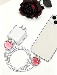 4/1pc 2D Flat Design Exquisite Pink Apple Pattern Data Cable Protector, Scratch-Resistant Type-C/Phone Charging Cable Protection Accessory, Fashionable Durable Fun Design, Sturdy Plastic Material - Multicolor - View 2