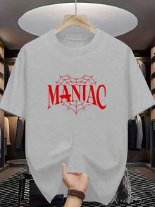 New Summer Collection MANIAC Letter Print Classic  Men'S Casual Stylish Short-Sleeve Stretchy Ribbed Round-Neck Comfortable Breathable T-Shirt - 黑色 - 查看 10