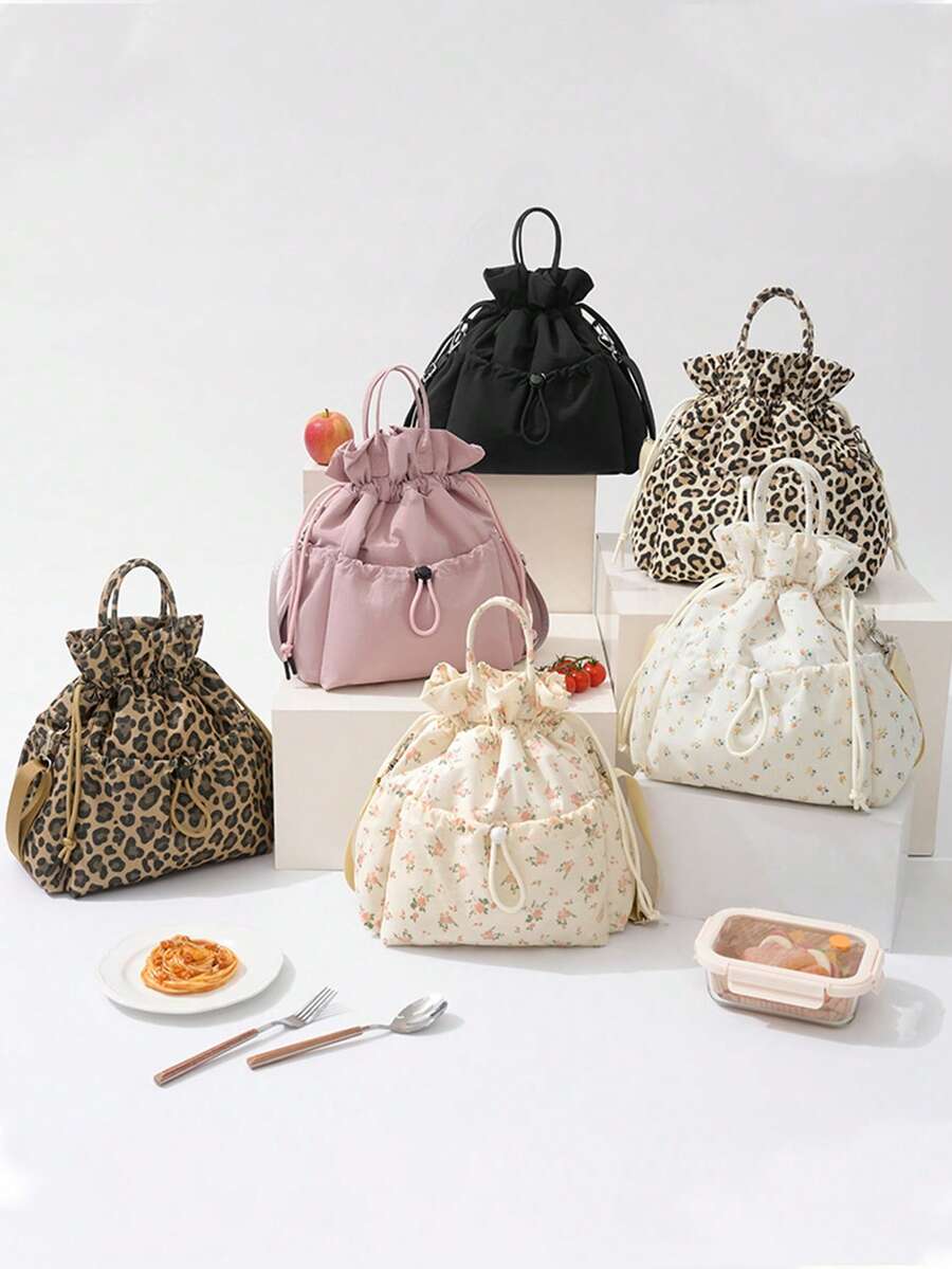 Large Capacity Floral Drawstring Insulated Lunch Bag, Leopard Print Multi-Pocket Lunch Bag Travel Meal Bag Shoulder/Handheld/Crossbody - Multicolor - View 1