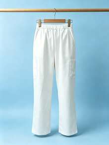 Solid Color Zipper Long Sleeve Multi-Pocket Set, Casual Sports Outfit White Fall - White - View 7